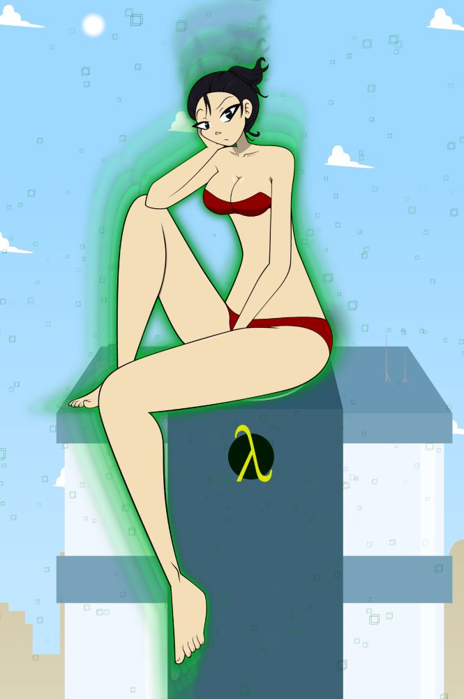 Giantess-sized Tasumi sitting on the roof of the Lambdatech building and growing.