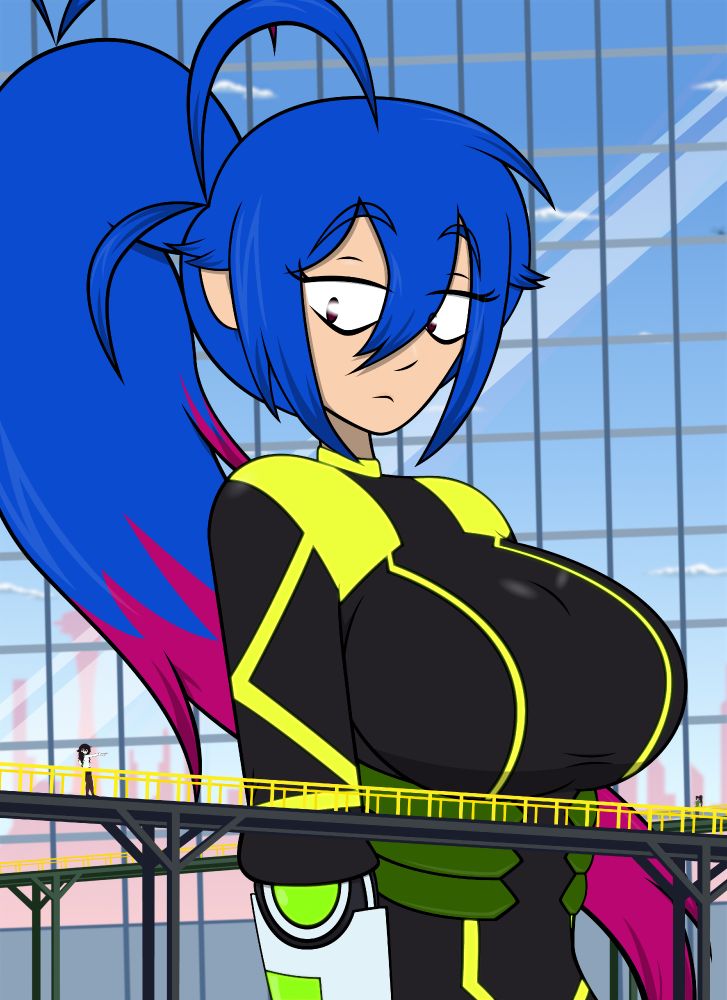 Giantess-sized Naix standing inside a large building. Around her are several catwalks. On one of them, Reese Simone is giving a briefing.