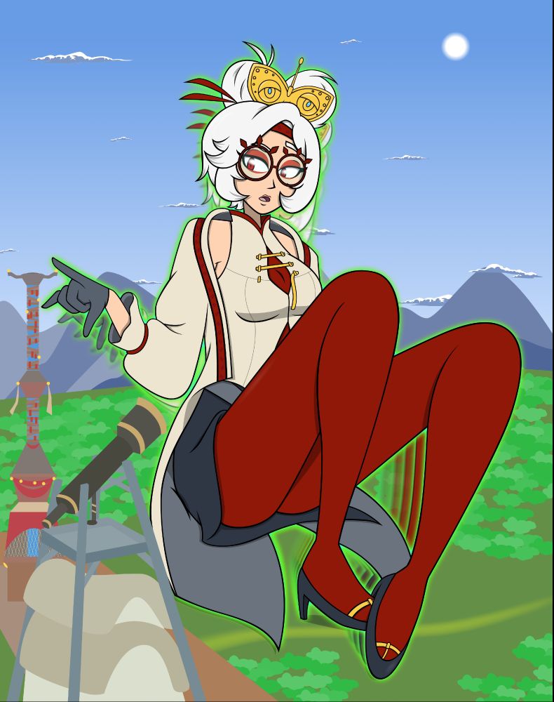 Purah sitting in Hyrule field at giantess size, putting a finger on top of the Lookout Landing skyview tower.