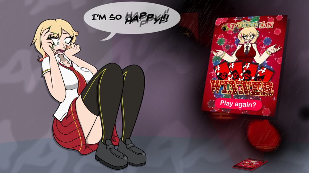 Mizuki has a breakdown, saying "I'm so happy!" while crying and screaming. A small distance away from her is her phone, displaying the Win screen of an online gambling game, with Shadow Mizuki replacing the mascot character.