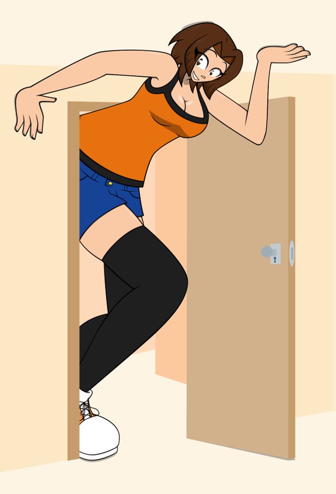 Mini-giantess Erika trying to squeeze through her apartment front door.