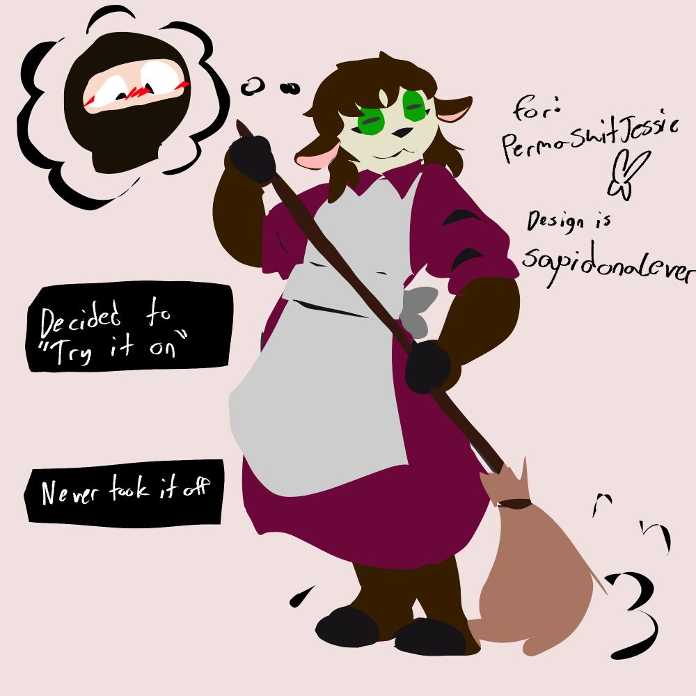 A pic from @gloedik.bsky.social, inspired by a pic from @sapidonalever.bsky.social. it shows someone permanently wearing an anthro sheep girl suit, with a white & burgundy maid uniform. It's draped over her suited body as she sweeps on the floor. The suit's wide-iris'd eyes look forward, & the mouth stays molded into an idle smile. Meanwhile, the person inside is shown, blushing & looking down at her work. Her face is covered in a balaclava, keeping her original identity & gender anonymous. None of that matters now, since she's Mary now~

Around her, some text says: "Decided to 'Try it on'. Never took it off."