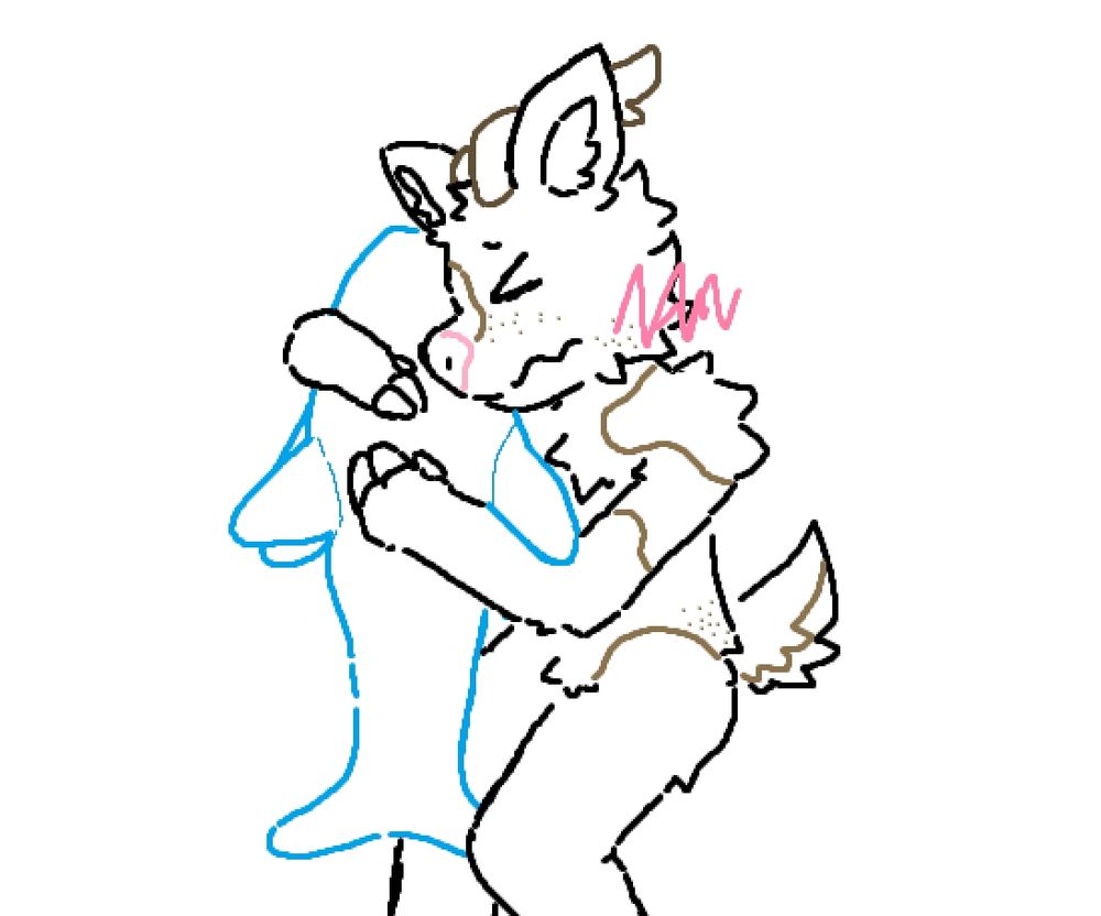 Cute picture of my sona, Perri, an anthro deer woman, blushing while hugging a Blahaj