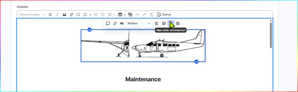 ckeditor tooltip in Drupal displaying that the inline image should be centered and break text