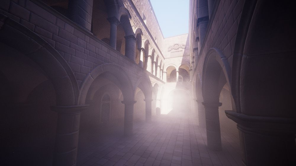 A 3D sponza environment showing volumetric fog being illuminated by light bouncing around the scene from the sun and sky