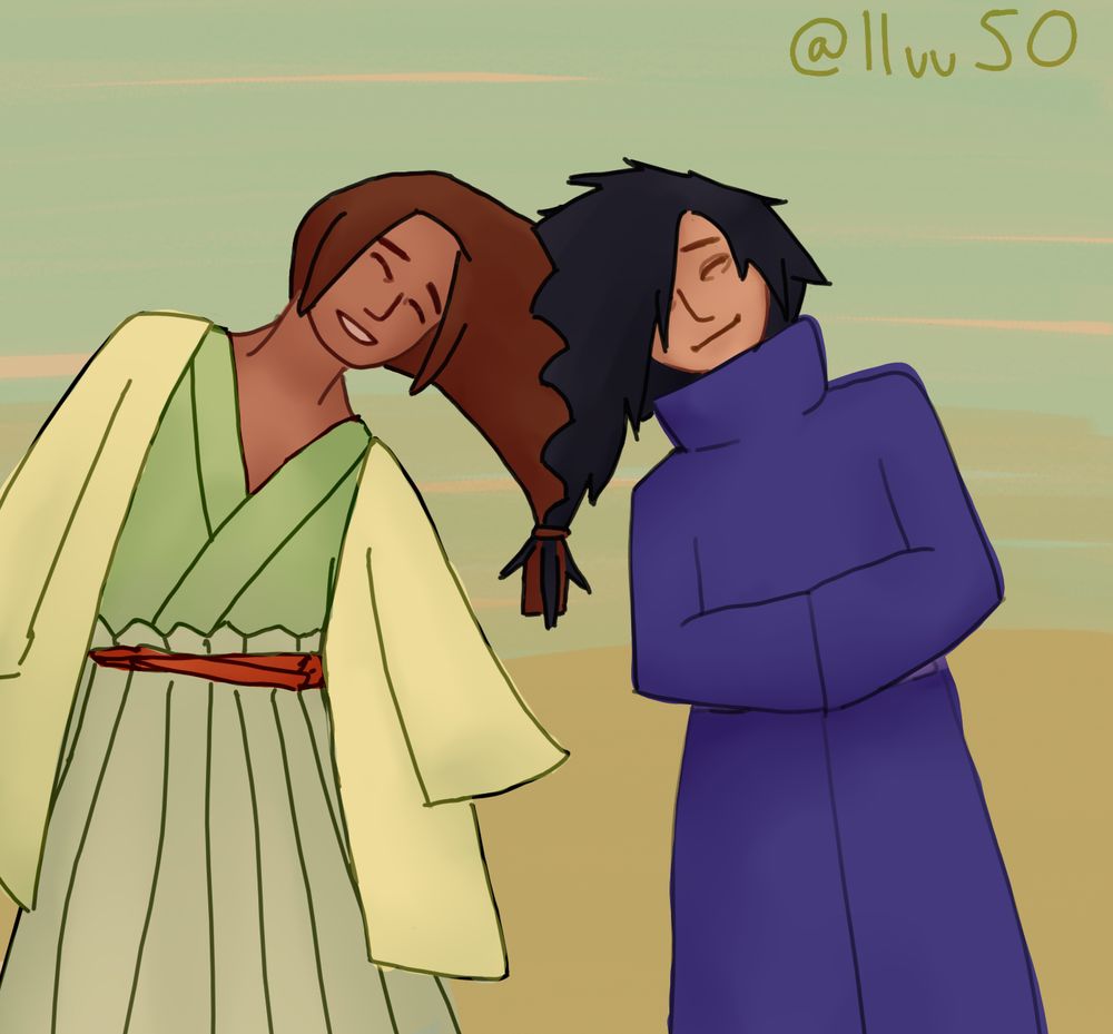 A digital drawing of Uchiha Madara and Senju Hashirama. Their hair is braided togheter in the middle, with both leaning their heads in. Madara is standing to the right with his arms together inside his sleeves, smiling softly with closed eyes. Hashirama has a slouchier pose with his arm hanging a bit in between the two. He has an open smile and closed eyes.