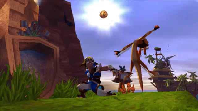 a video game scene with a monkey and a man playing