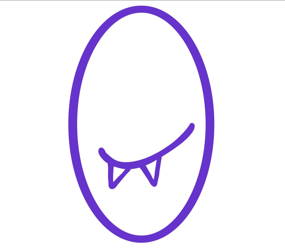 A hand-drawn purple oval with a slight smile and two sharp teeth
