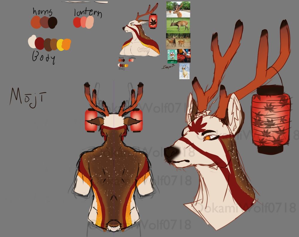 Sketches of an anthropomorphic deer with kabuki like markings separating white fur from regularly patterned deer fur