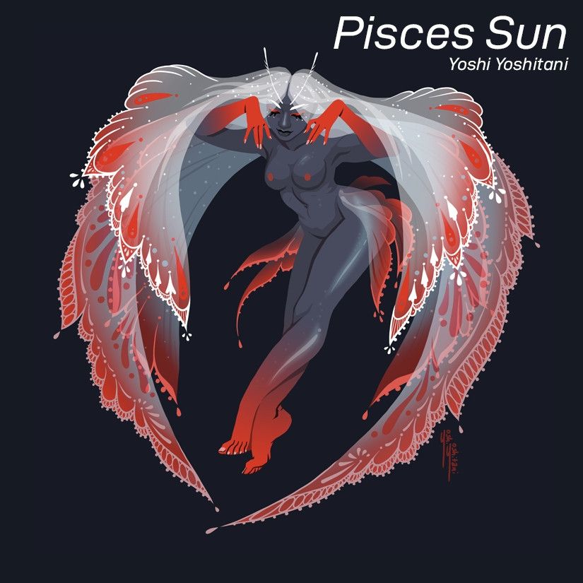 An illustration of a fairy by Yoshi Yoshitani, with the words "Pisces Sun" next to their signature