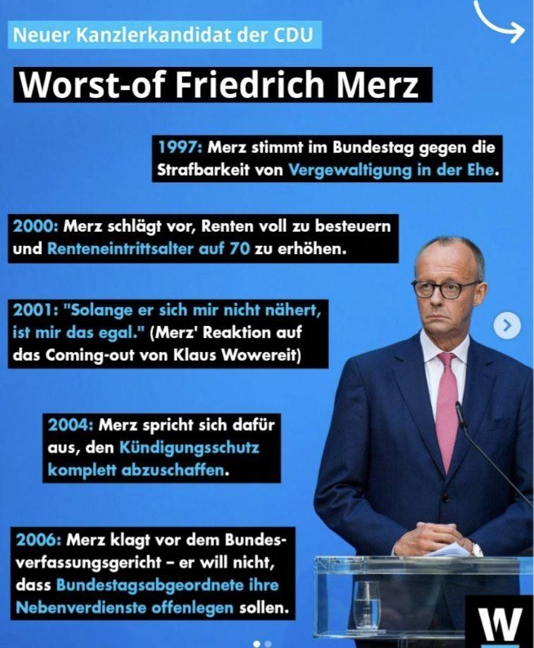 Aussagen und Handlungen von Friedrich Merz im Laufe der Jahre, z. B. gegen die Strafbarkeit von Vergewaltigung in der Ehe zu stimmen! 