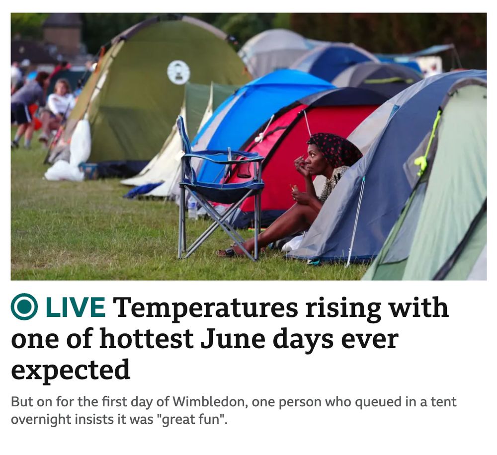 Caption reads: Temperatures rising with one of hottest June days ever expected... But on for the first day of Wimbledon, one person who queued in a tent overnight insists it was "great fun".