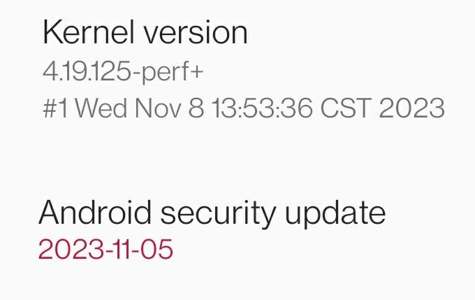 Screenshot of an android phone status page showing latest android security update was on November 5th 2023. Linux kernel version is 4.19.125, compiled on November 8th 2023.