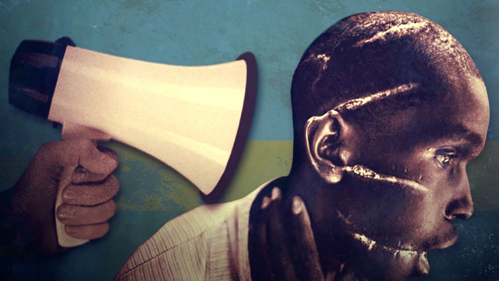 a megaphone next to a Rwandan man's head with very nasty machete scars. They're arranged in a way so that it looks like the scars are lines representing sound coming out of the megaphone.
