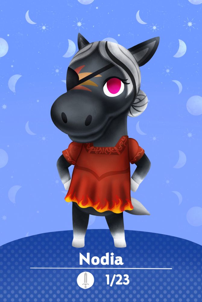 Nodia as a horse villager. She wears an eyepatch over the claws of a flower devoted to the Hunt God. Her red dress is embroidered with flames at its edge.