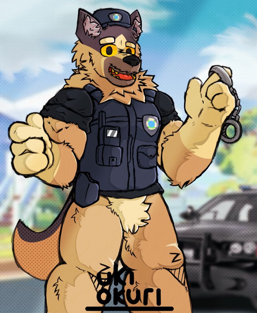 the character in the image is the policeman that appeared in "the sign" episode

he is pointing at you, and holding an handcuff using his index finger 
and there is a police car in the background