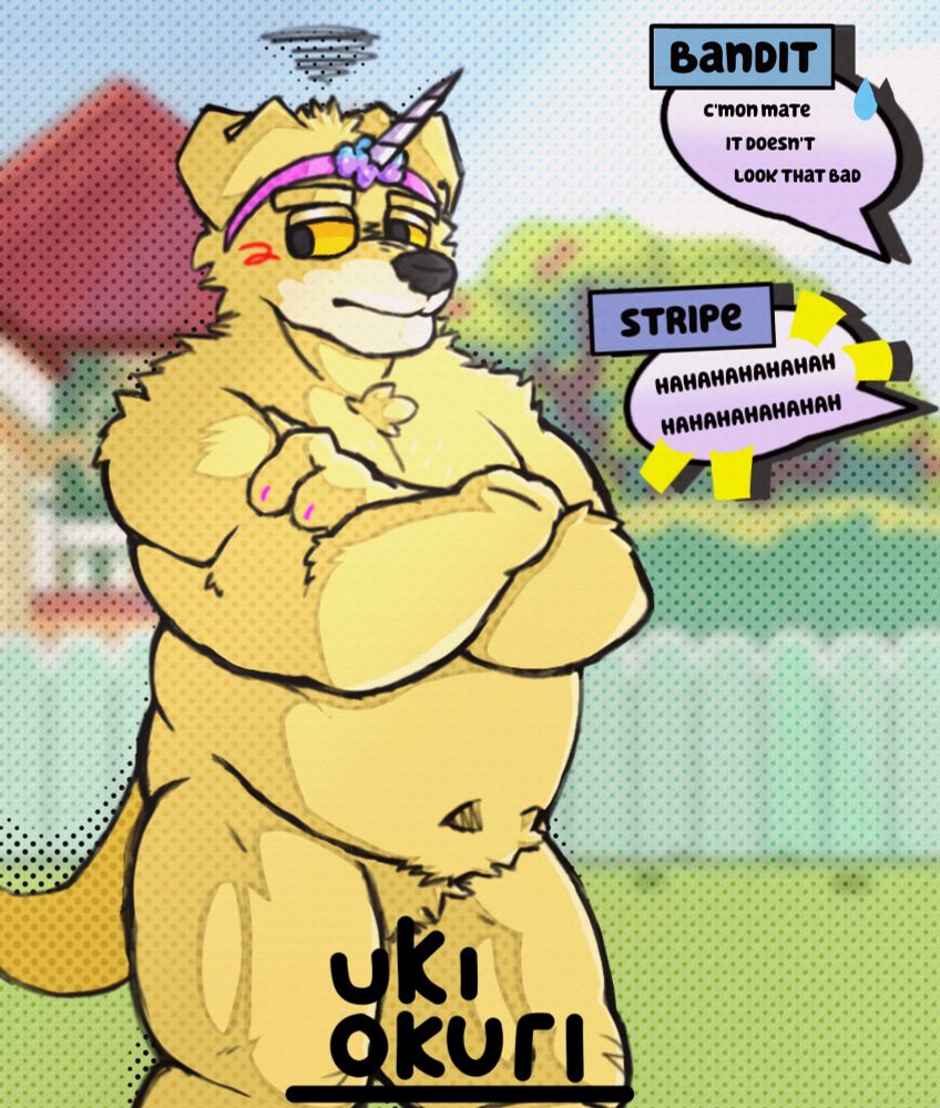 the image contains Pat (lucky's dad) using a unicorn tiara, and he is kinda annoyed by it (his nails is painted in pink too)

"c'mon mate, it doesn't look that bad" says Bandit, trying to make Pat less mad

while Stripe laughs at Pat