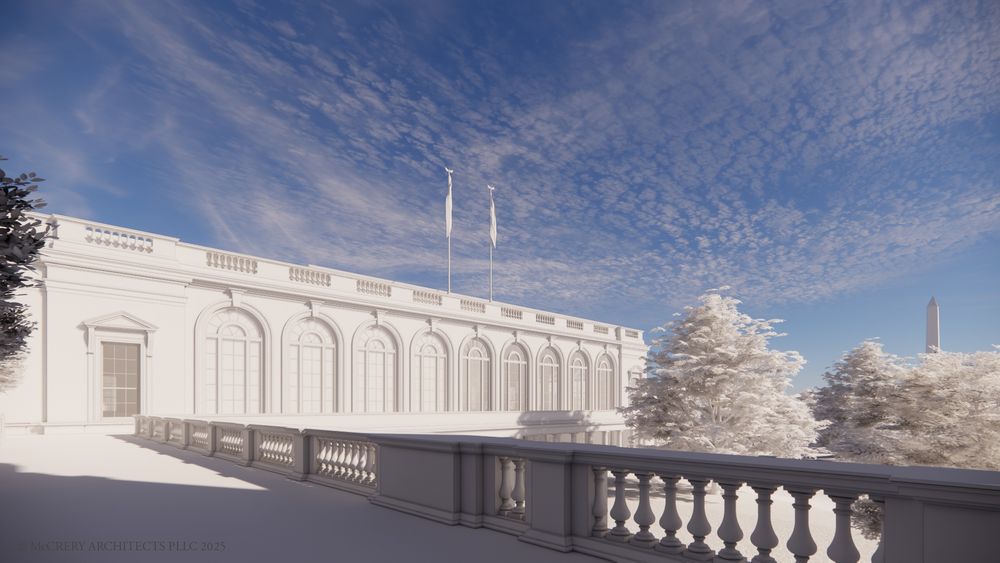 render of the new ballroom from atop the east colonnade, no vestige of the old east wing is visible