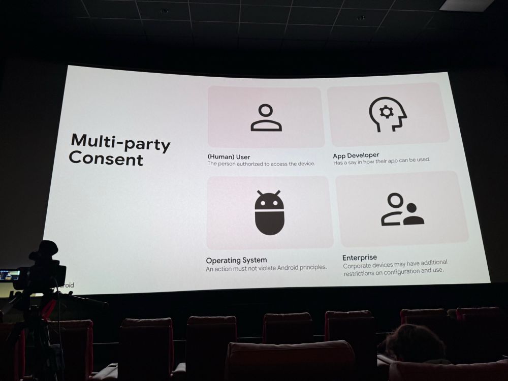 Slide from a tech conference titled “multi party consent” with four parties: (human) user, app developer, operating system, and enterprise 