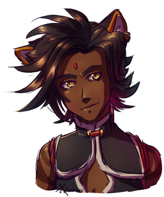 Bust, sketchy digital art of Sienna Khan from RWBY, with an intense look and a smile on her face.