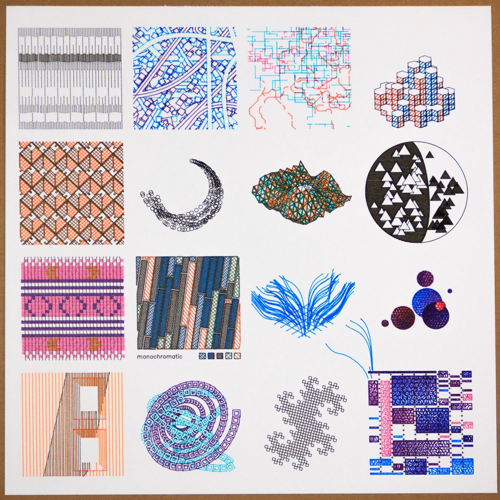A four-by-four grid of square drawings on a white card, derived from previous Genuary posts.
