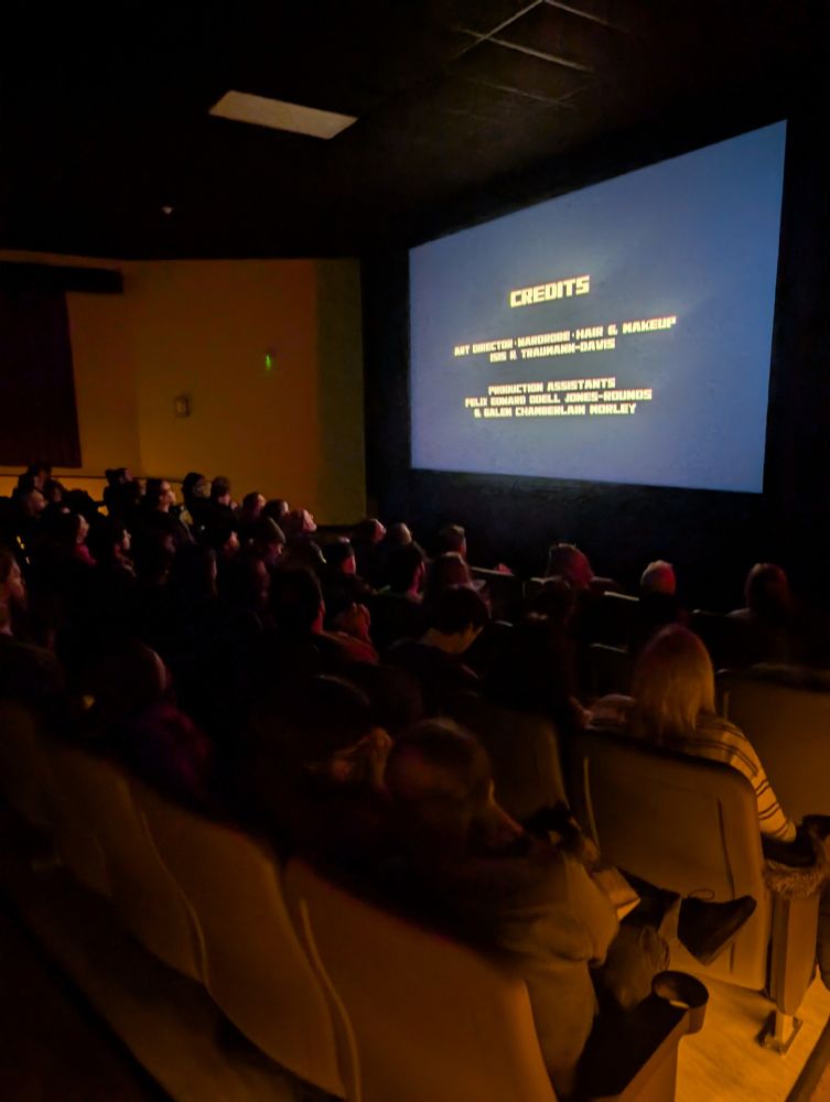 Dark movie theatre filled with patrons facing a screen with blurry movie credits 