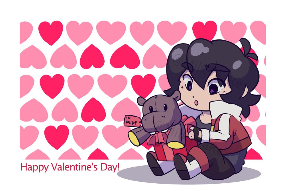 Valentine’s Day card featuring a chibi Keith with an unwrapped gift containing a stuffed hippo. The background is a pattern of pink hearts.