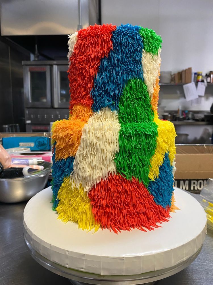 "shag" two tiered cake or as cas and i have so lovingly named it, "muppet nightmare"