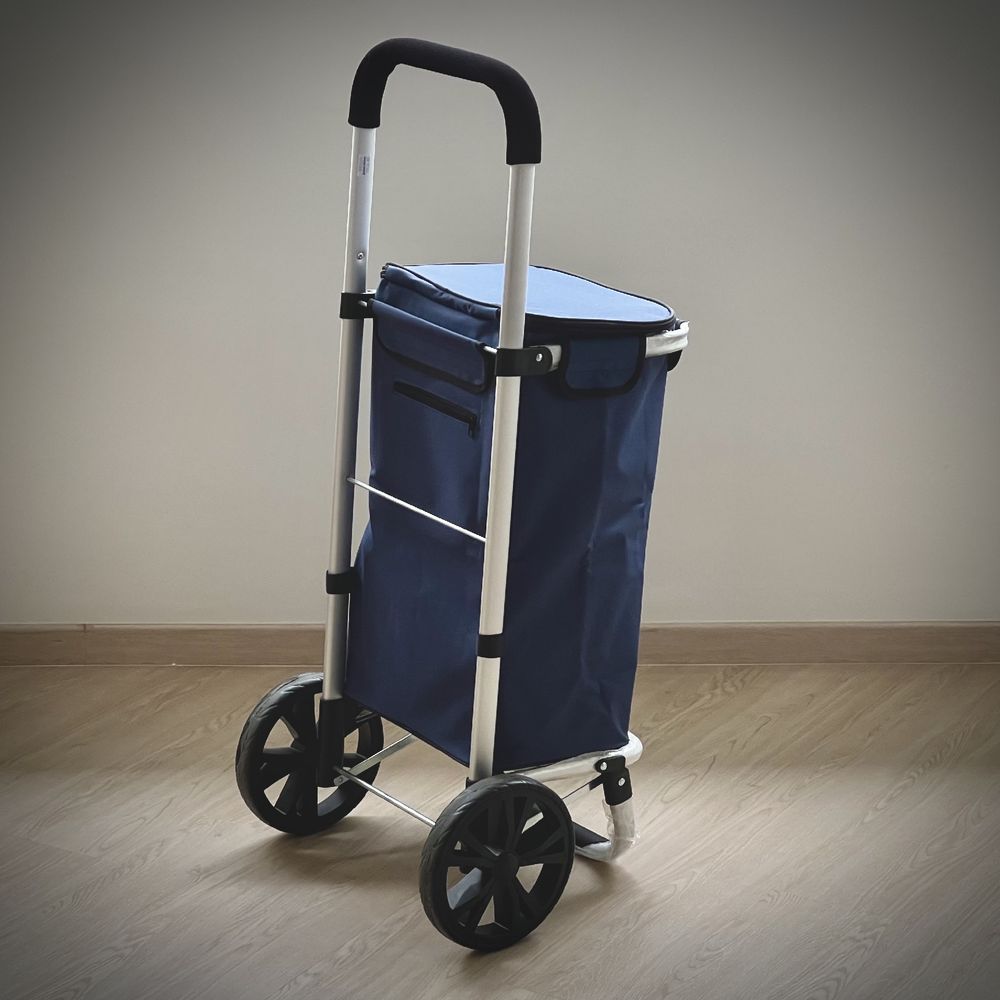 A blue trolley for grocery shopping
