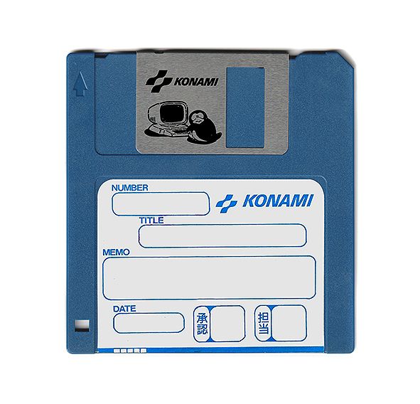 Picture of a Konami branded 3.5'' floppy disk.