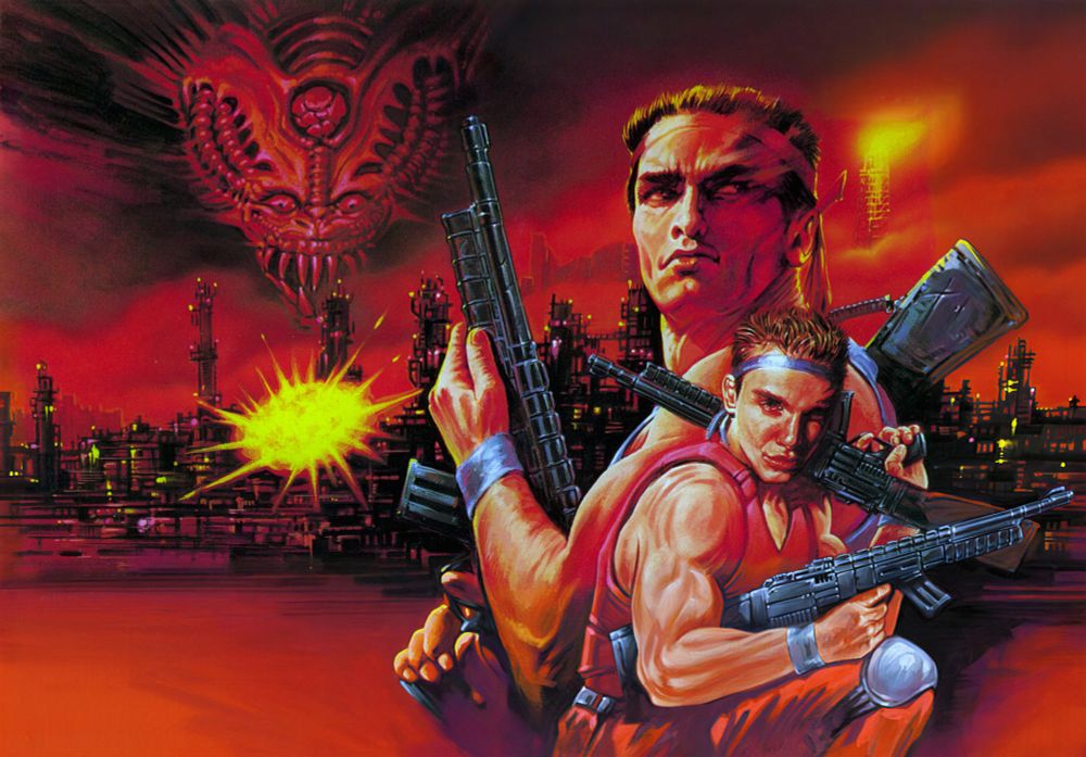 Contra Spirits aka Contra III: The Alien Wars clean artwork by Hideaki Kodama used on the cover of the Super Famicom release. Image depicts Spirits Bill (Jimbo) and Spirits Lance (Sully) holding machine guns in action poses with a city as background all in tones of red. Emperor Demon Gava can be seen in the sky with an explosion beneath. Bill's appearance is taken straight from Arnold Schwarzenegger's in the cover of Raw Deal.