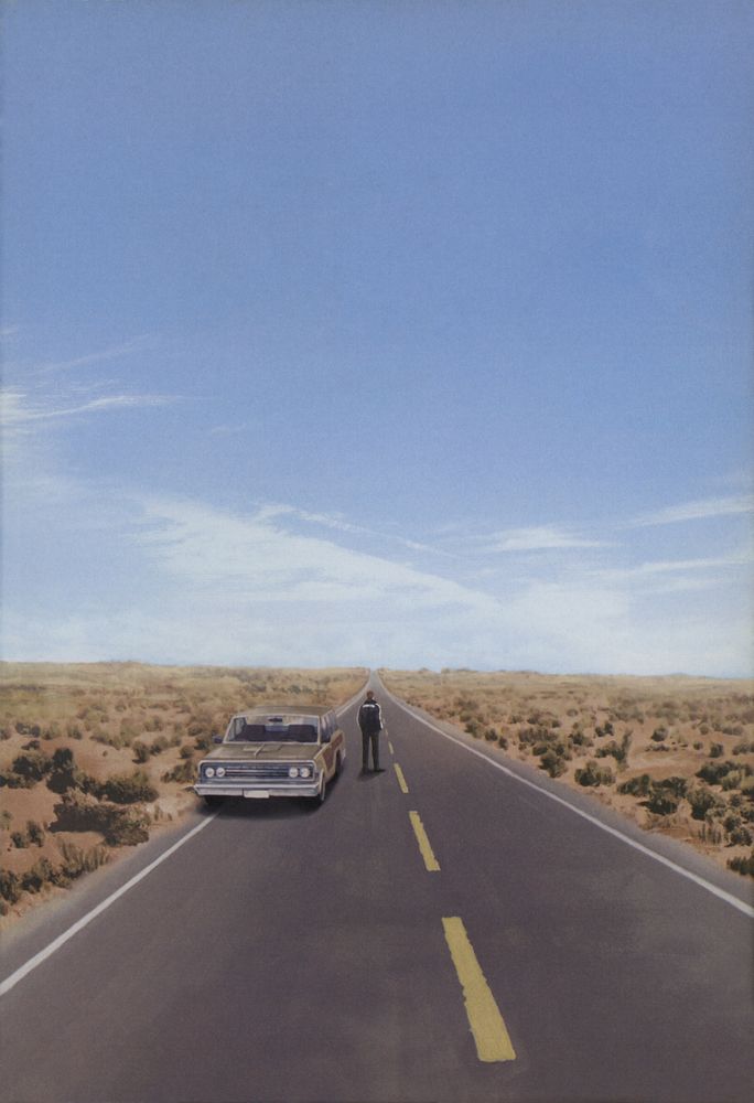 Wish Room: Tenshi no Kioku aka Hotel Dusk: Room 215 by Keisuke Sakamoto used on the cover of the Japanese Nintendo DS release. Image depicts a road in the desert with some vegetation, a bright blue sky and some clouds, where a car can be seen parked on the left side while Kyle Hyde stands next to it looking over the horizon.
