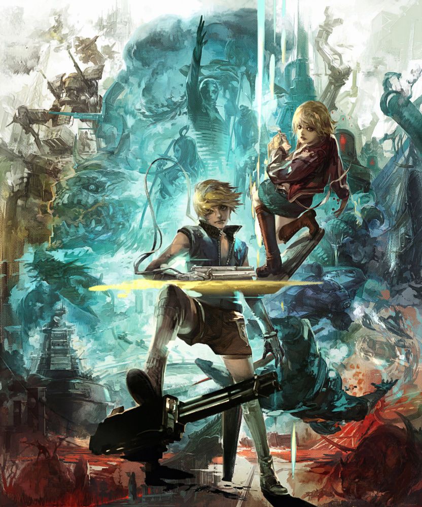 Sin & Punishment: Star Successor aka Successor of the Skies (PAL version) and Tsumi to Batsu: Uchū no Kōkeisha (Japan) by Yasushi Suzuki used on the Japanese Nintendo Wii release. Image depicts the main characters up front with other characters and machinery composing the background.