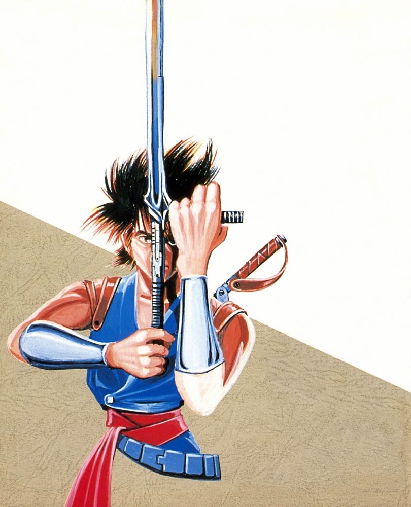 Strider clean artwork used for advertising the Mega Drive version in Japan. Image depicts Strider Hiryu holding his Cypher up front with simple white and light brown textured background.