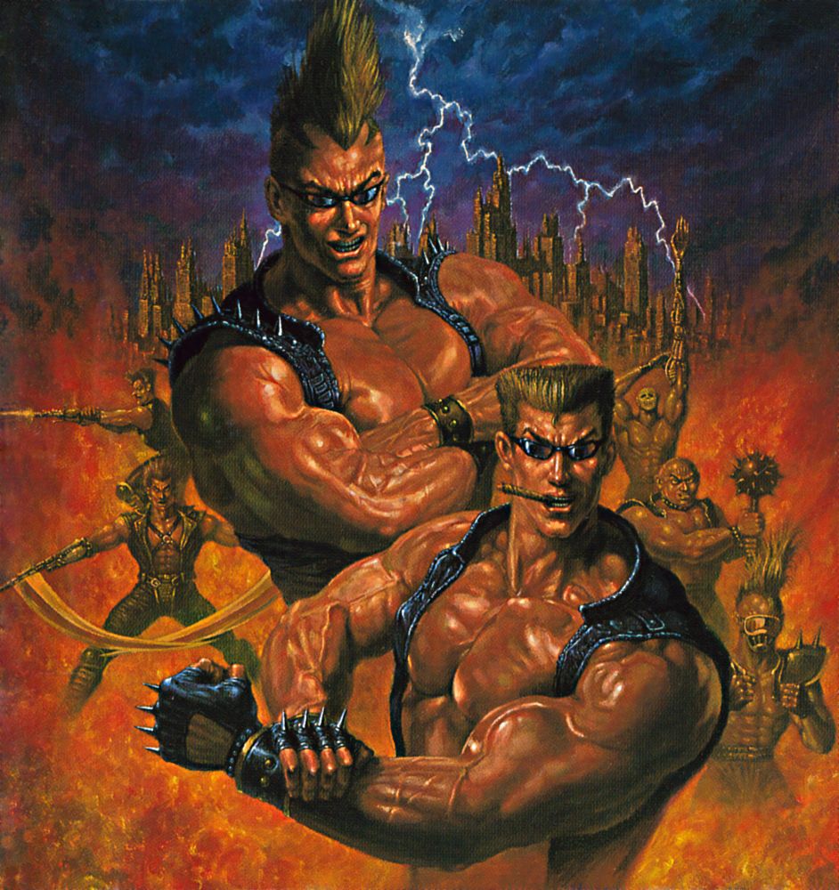 Two Crude Dudes clean artwork used on the cover of the Sega Mega Drive release in PAL territories. Image depicts the two crude dudes up, front and center showing off some muscle with a fiery city backdrop behind them and some enemies on both sides. There's a cloud sky with some lightning bolts.