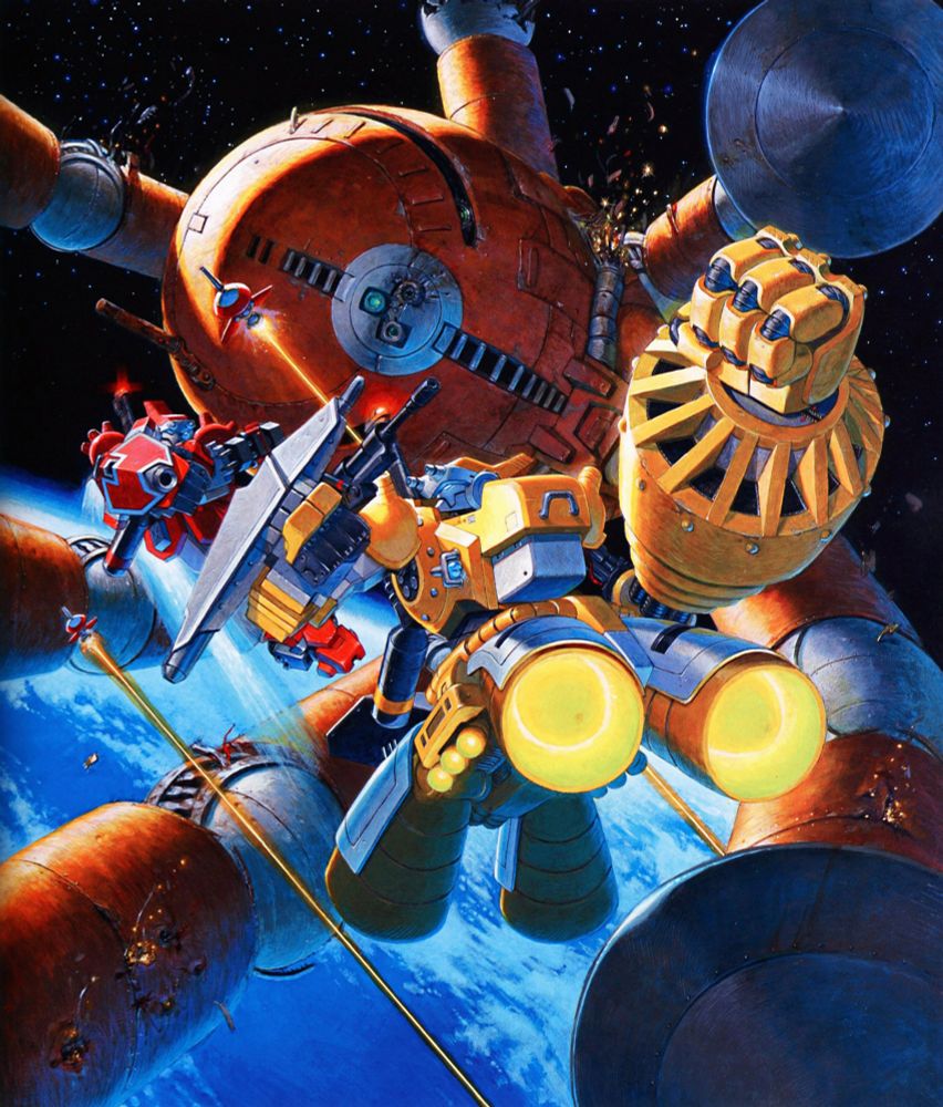 Cyberbots: Fullmetal Madness used for promotional posters and advertising in Japan. Image depicts two Cyberbots, one red and one yellow, fighting in space against a huge spider like one. A planet surface can be seen on the lower right side.