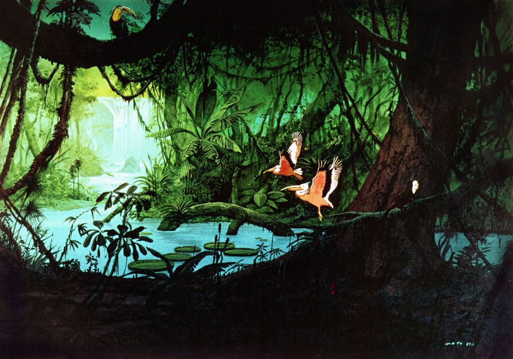 Taiyō no Shinden: Asteka II clean artwork by Noriyuki Moto used for a calendar featured in Falcom Special Box '89 arrangement album. Image depicts a forest with dense vegetation, where a river with a waterfall can be seen as well as a large tree on the right. There's some lotus pads floating on water as well as some red birds flying nearby. On the upper left side there's a toucan standing on a large trunk.