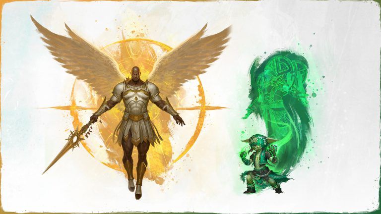 Concept art from the blog post. On the left is a warrior with angelic wings and yellow light behind them, wielding what appears to be an Elonian spear. On the right, an Asura is conjuring a Ritualist spirit enveloped in green.