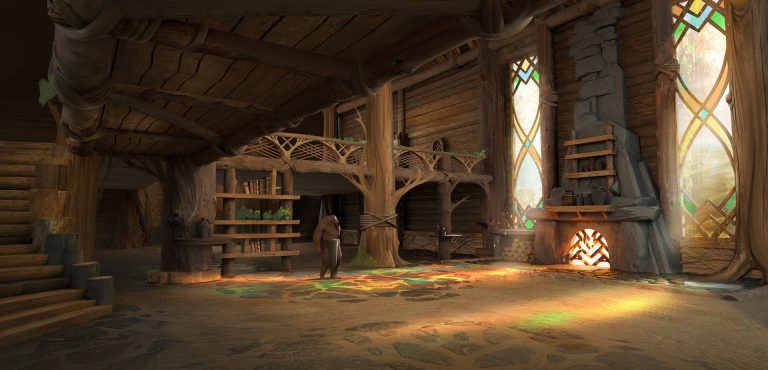 Guild Wars 2 concept art of the inside of a Bearkin homestead.