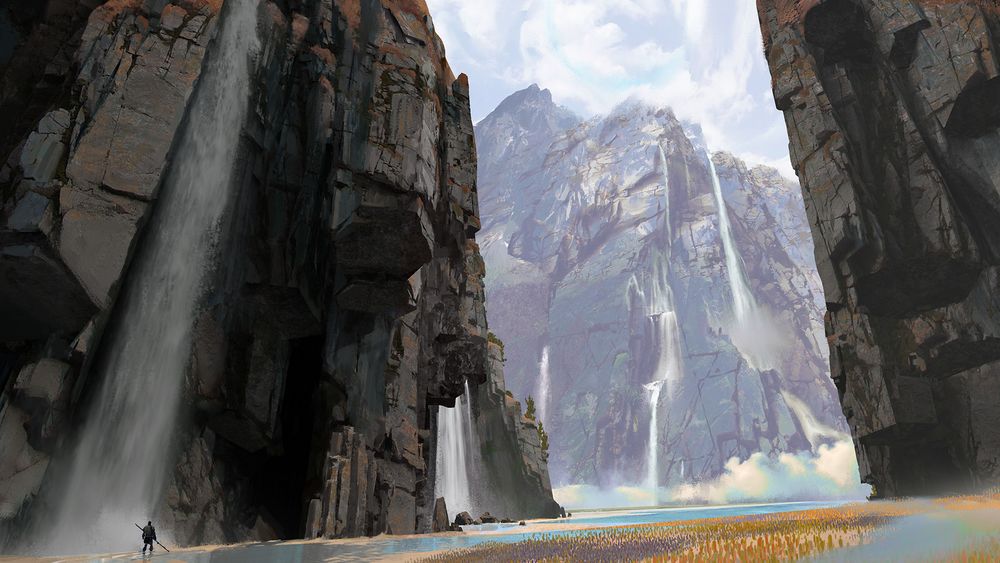 Guild Wars 2 concept art depicting a lone figure with a spear standing in a massive canyon with many waterfalls.