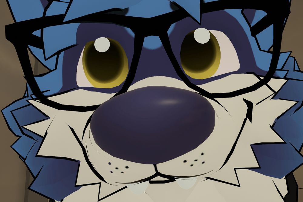 A close-up of my fluffy dog form's face taken in VRChat.