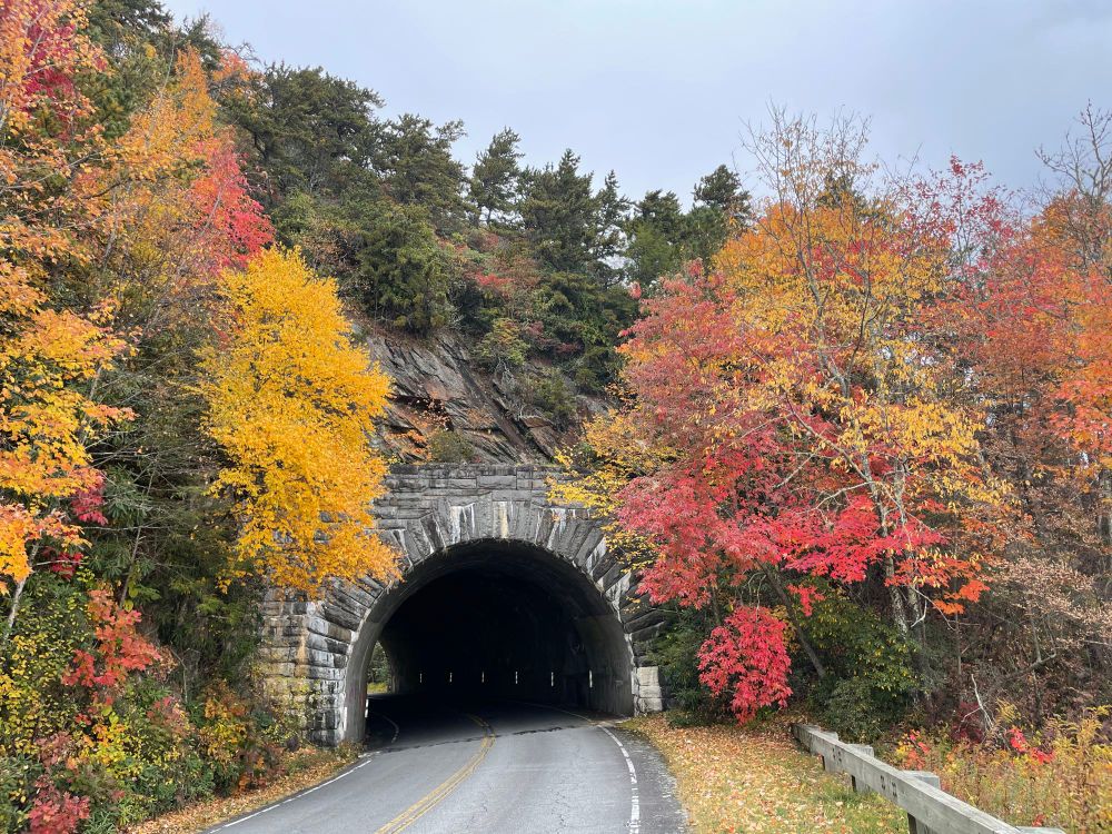 2 lane road through a tunnel through a mountain in autumn