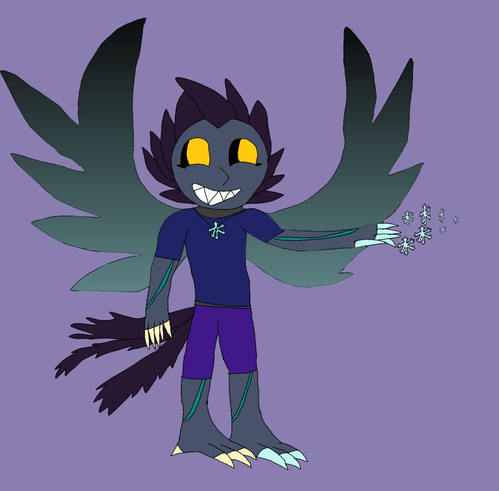 A Mix of a crow and fnaf eclipse animatronic with large teal and black wings, purple feather hair, yellow eyes, fangs, three tail-feathers, yellow and blue claws, bird talon feet and a snowflake necklace. he is also shooting out snow flakes 

Finally finished this boy. This is Lady Jigsaw's and Kiera's son, Void
Abilities the same as Aurora (looking into memories and temporarily interacting with past events though not changing history) but instead of fire magic Void Midnight has ice 

has a rivalry going with Aurora as their families are opposites: Aurora has two dads, Void has two moms, one of Aurora's parents has fire magic, one of Void's parents has ice magic, Aurora is named after an aurora borealis which is bright and colorful, and Void is the opposite of that

(Also Aurora Midnight lowkey sounds like a super hero name and Void Midnight lowkey sounds like a super villain name)