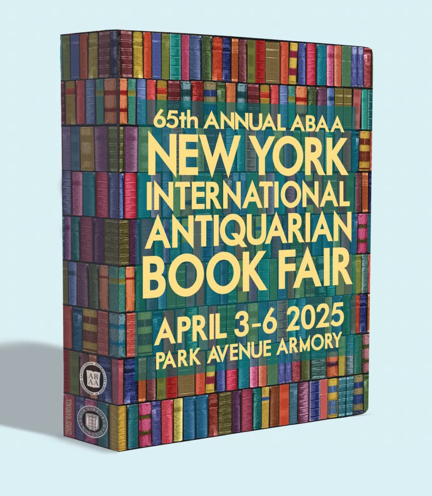 An illustration on a book, cover text reads "65th ANNUAL ABAA NEW YORK INTERNATIONAL ANTIQUARIAN BOOK FAIR APRIL 3-6 2025, PARK AVENUE ARMORY"