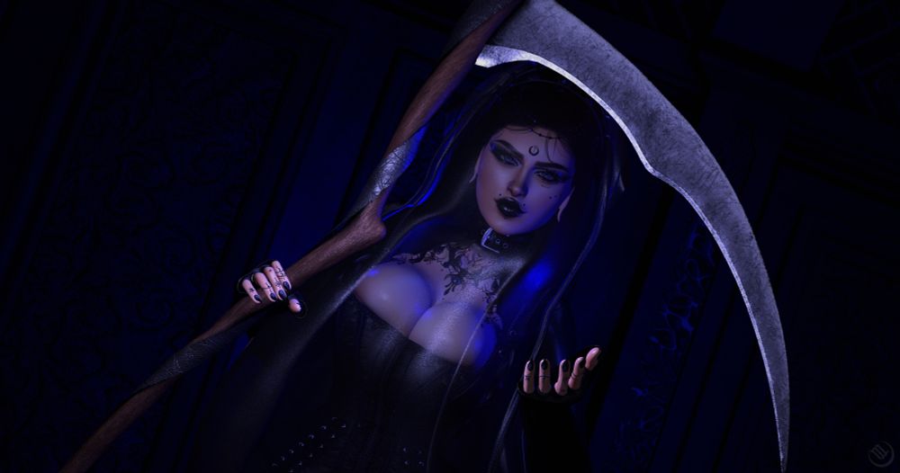 A virtual photo of a woman in all black and bathed in all blue lighting. She stands with her left hand gently stretched forward in offering while a scythe is grasped in the other. A sheer veil covers her from crown to hips.