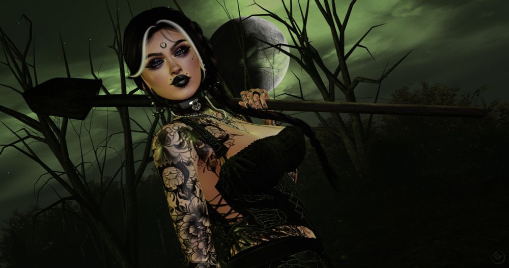 A virtual photo of a woman with dark hair and white streaks in her bangs. She stands with her body at a 3/4 angle from the camera with a shovel resting on one shoulder. A murky green sky makes her and the dormant trees of a cemetery stand out starkly with the moon full behind her.