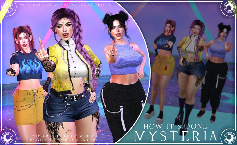 An ad for the SecondLife brand Mysteria featuring their new group pose, How It's Done which is inspired by KPop Demon Hunters.