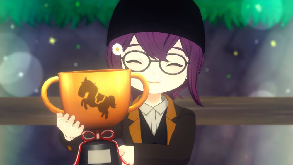 Purple haired female player holding a bronze horse show trophy in Story of Seasons Grand Bazaar.