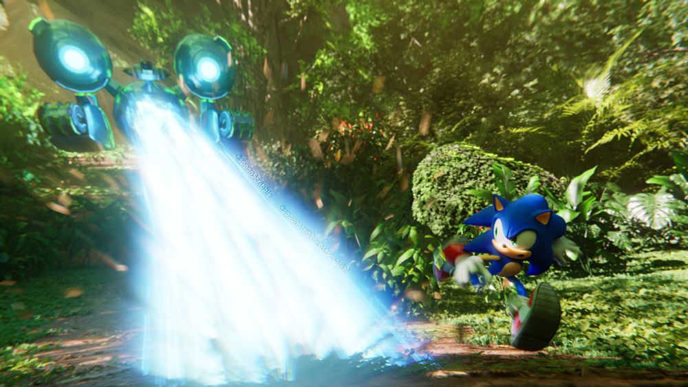 Art of Sonic quick-stepping out of the way of an Interceptor's laser in the jungles of Adabat