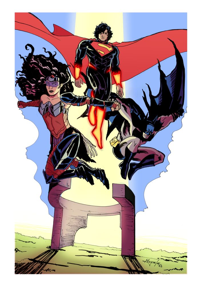 Ilustración de las versiones Absolute de Superman, Batman y Wonder Woman flotando sobre El Elogio del Horizonte de Gijón